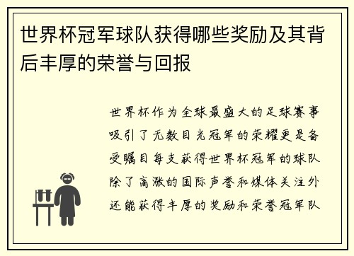 世界杯冠军球队获得哪些奖励及其背后丰厚的荣誉与回报